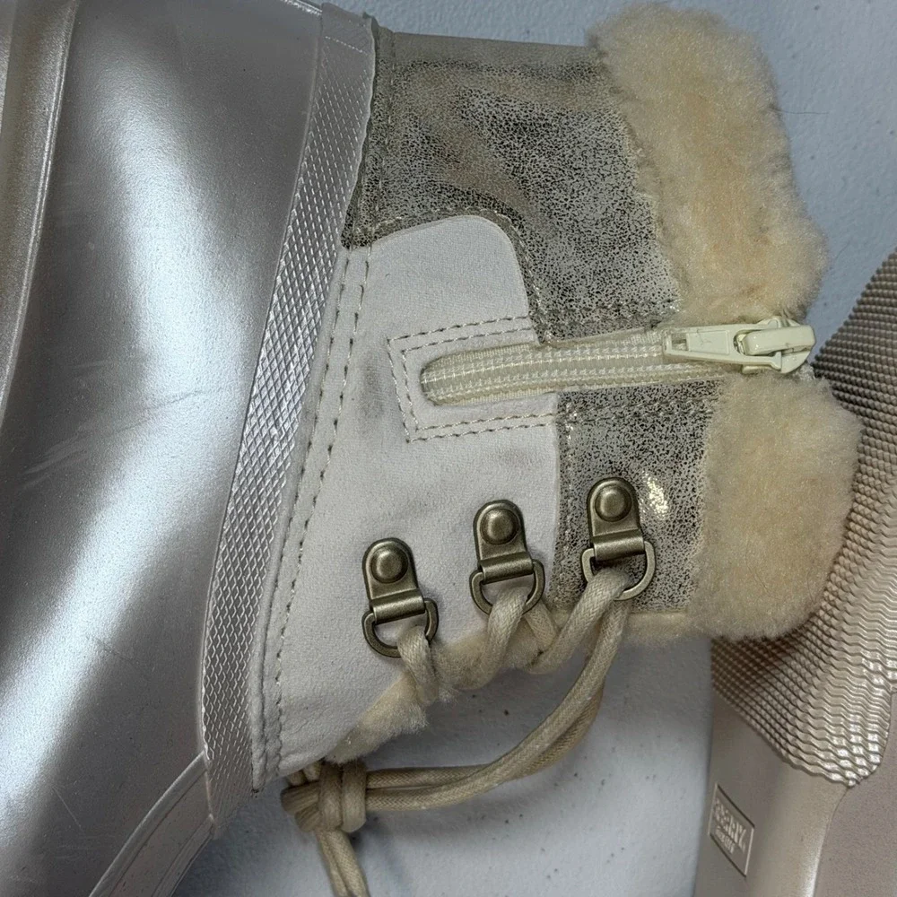 Sperry‎ Saltwater Duck Boots 5 Champagne Metallic Faux Fur Trim Side Zip
